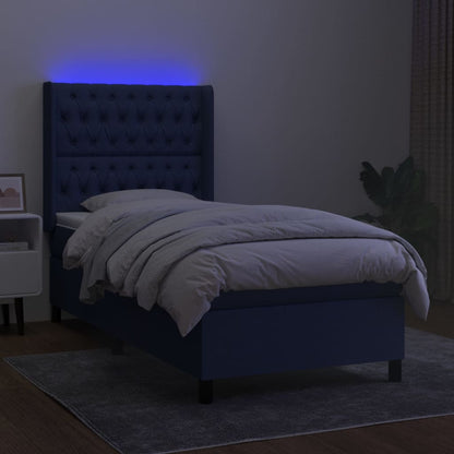 Spring Bed with Mattress and Blue LED 90x200 cm in Fabric