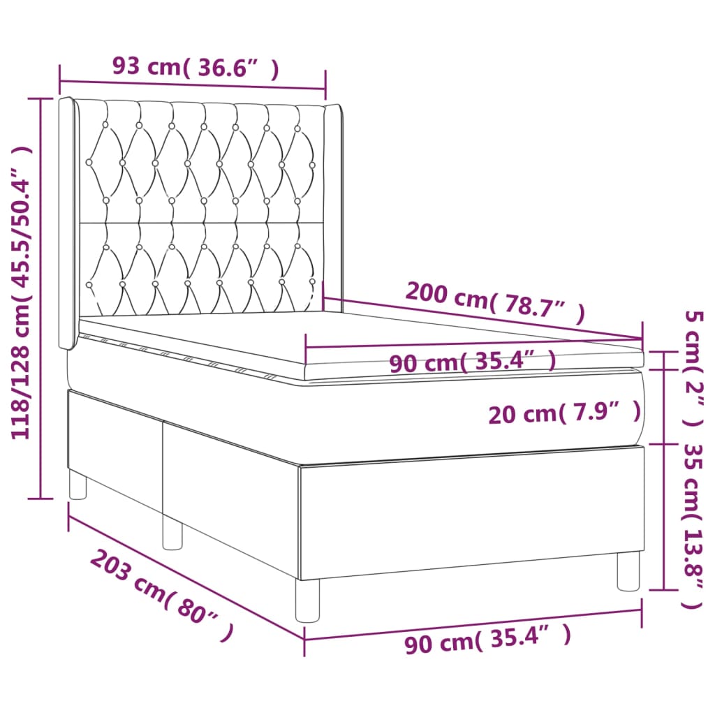 Spring Bed with Mattress and Blue LED 90x200 cm in Fabric