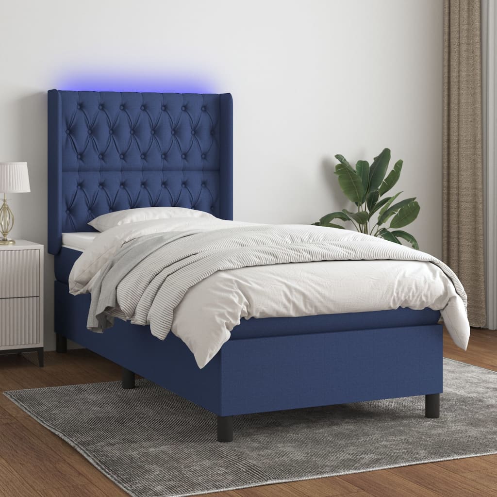 Spring Bed with Mattress and Blue LED 90x200 cm in Fabric