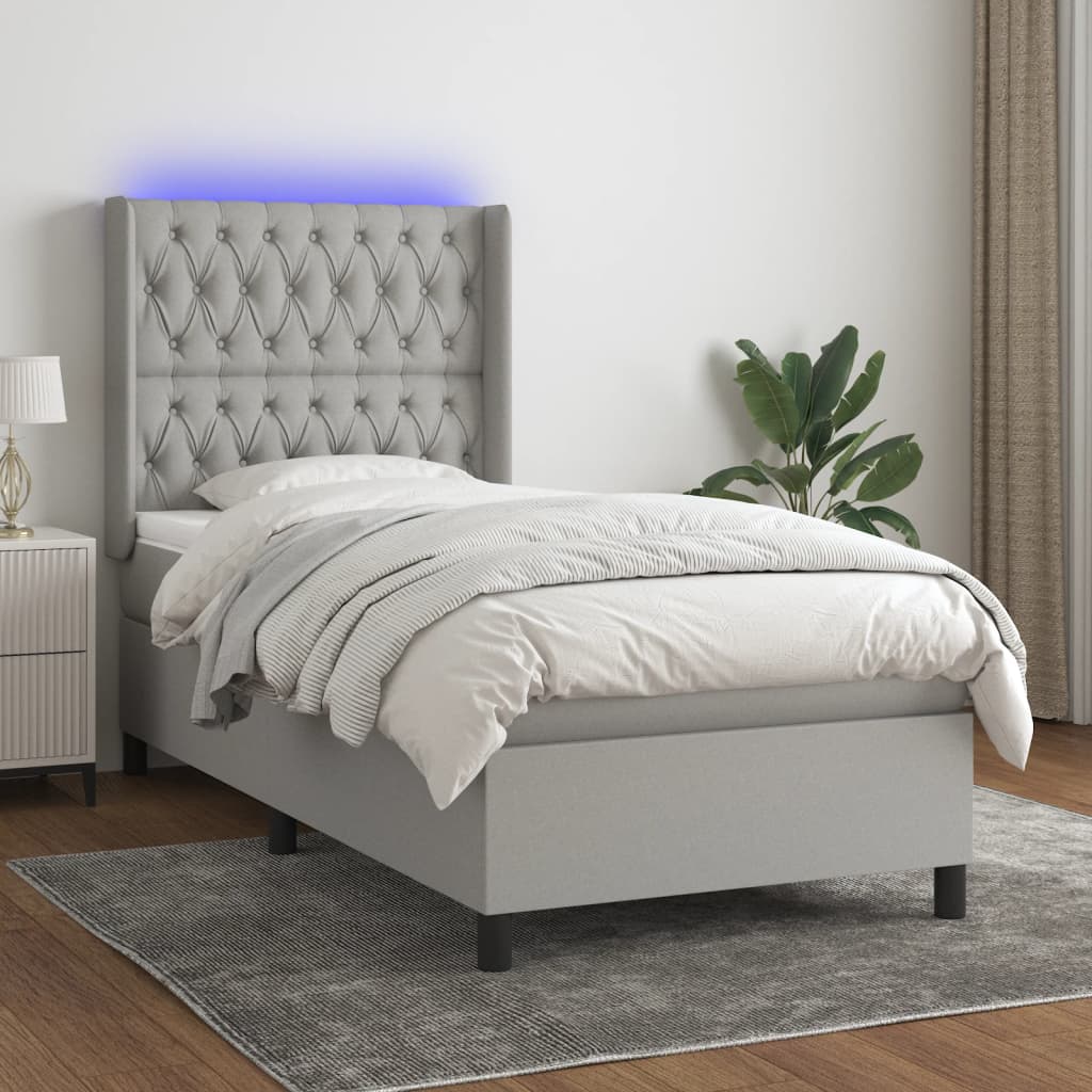 Letto a Molle Materasso e LED Grigio Chiaro 100x200 cm Tessuto - homemem39