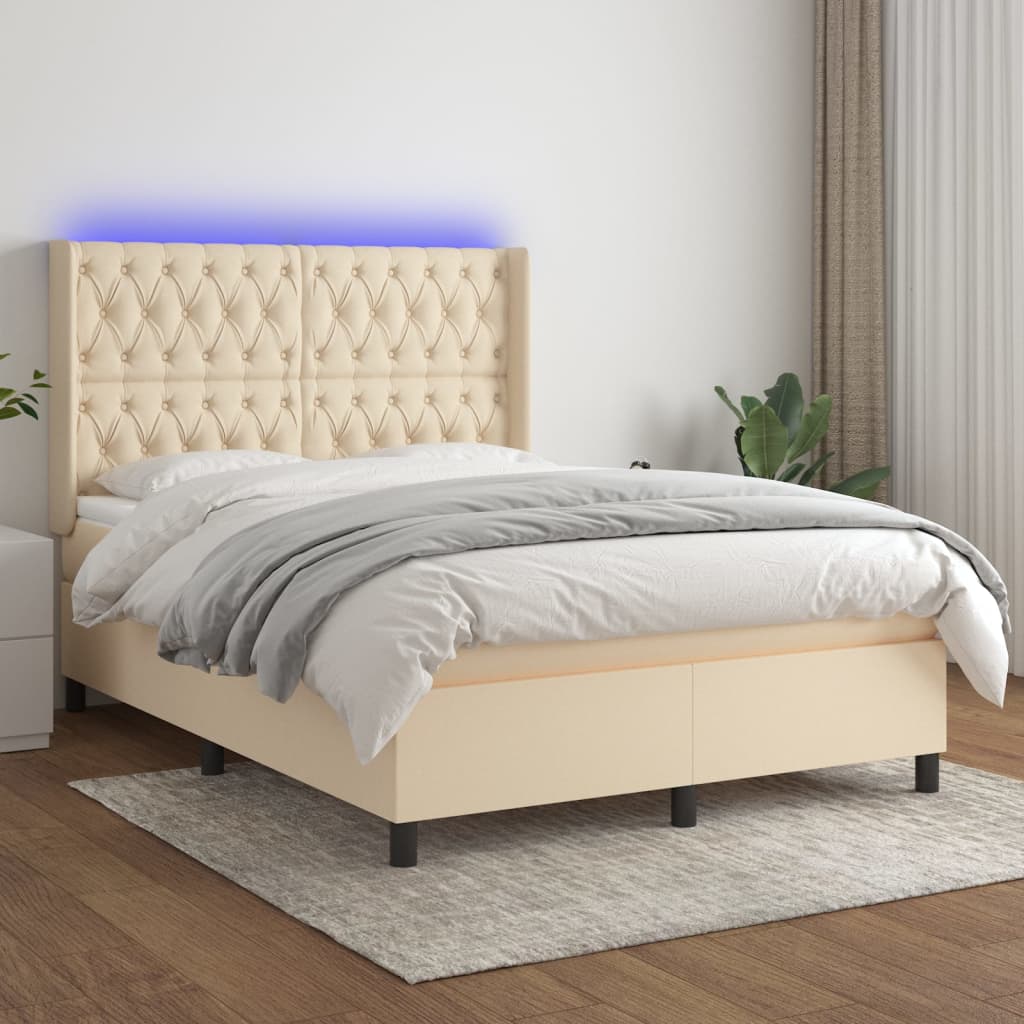 Letto a Molle con Materasso e LED Crema 140x190 cm in Tessuto - homemem39