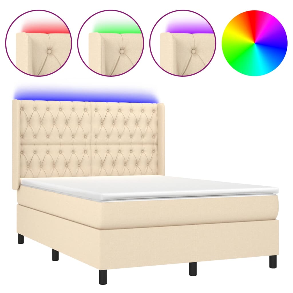 Letto a Molle con Materasso e LED Crema 140x200 cm in Tessuto - homemem39