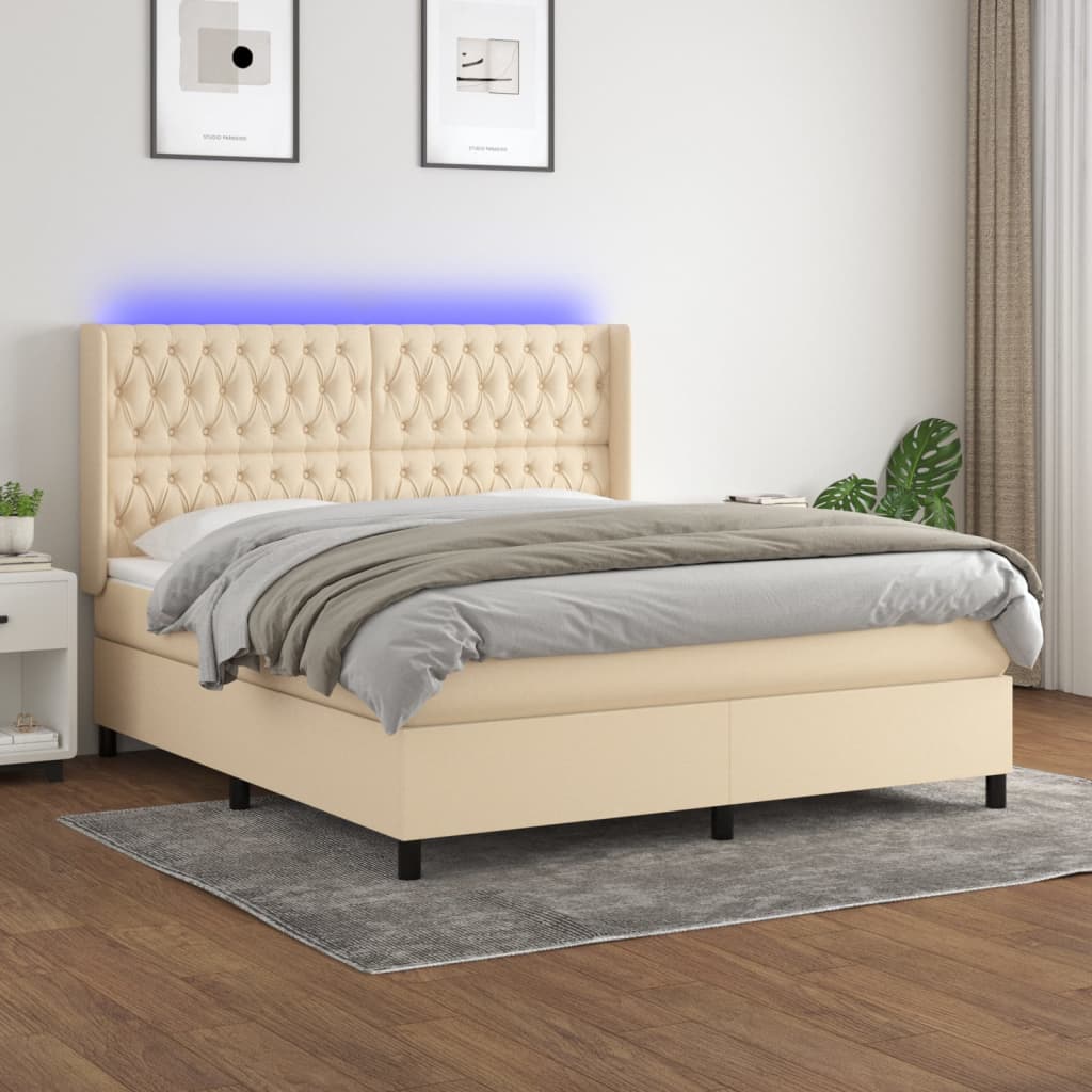 Letto a Molle con Materasso e LED Crema 160x200 cm in Tessuto | homemem39