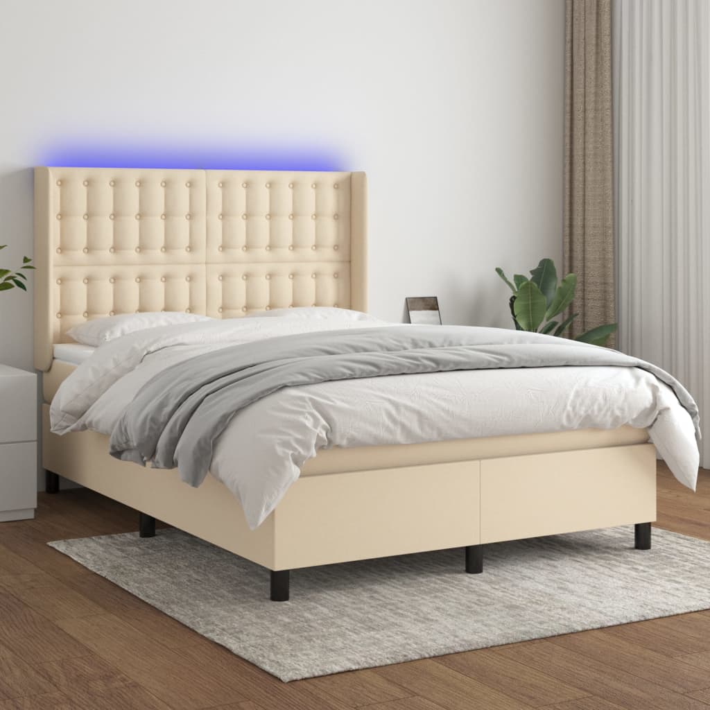 Letto a Molle con Materasso e LED Crema 140x190 cm in Tessuto | homemem39
