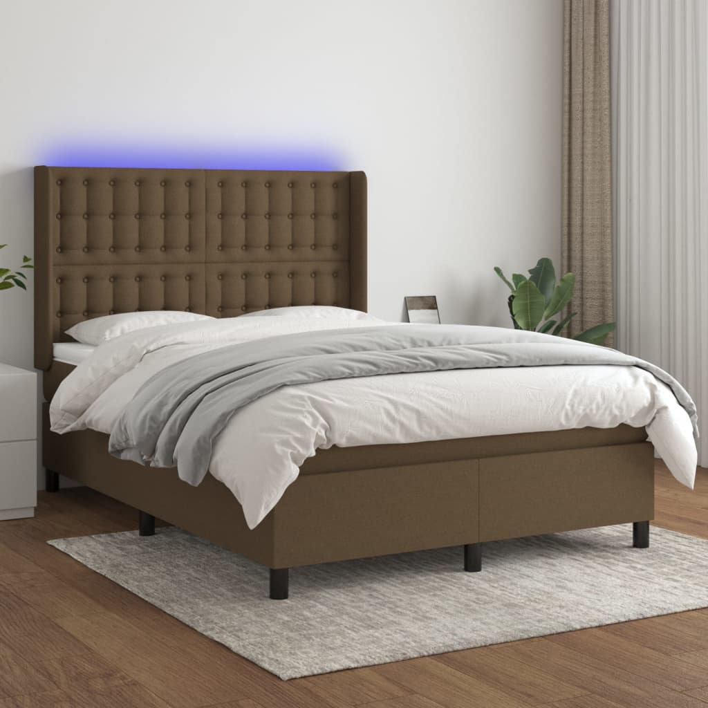 Letto a Molle Materasso e LED Marrone Scuro 140x200 cm Tessuto | homemem39