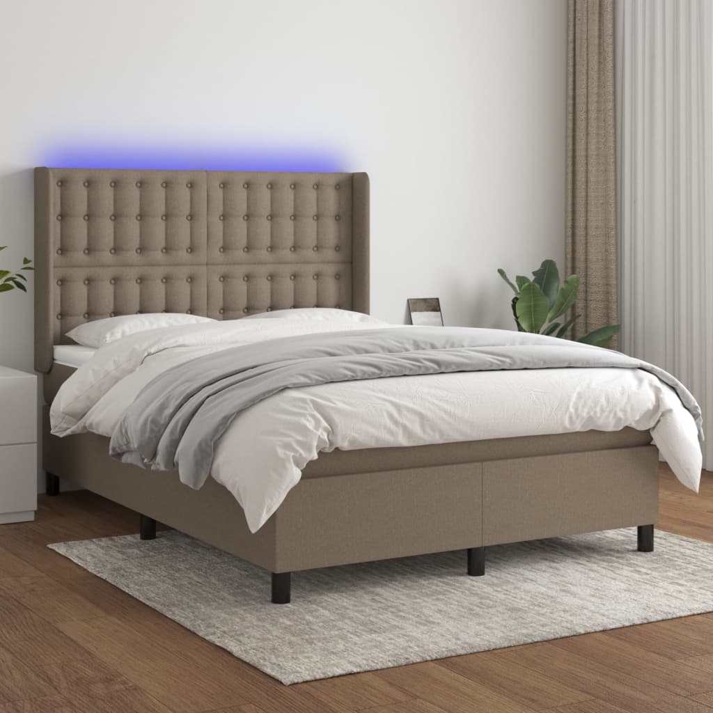 Letto a Molle con Materasso e LED Tortora 140x200 cm in Tessuto | homemem39