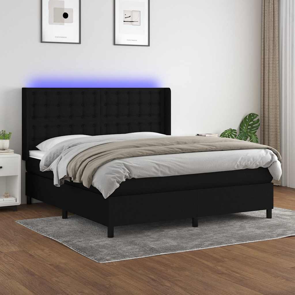 Letto a Molle con Materasso e LED Nero 160x200 cm in Tessuto | homemem39