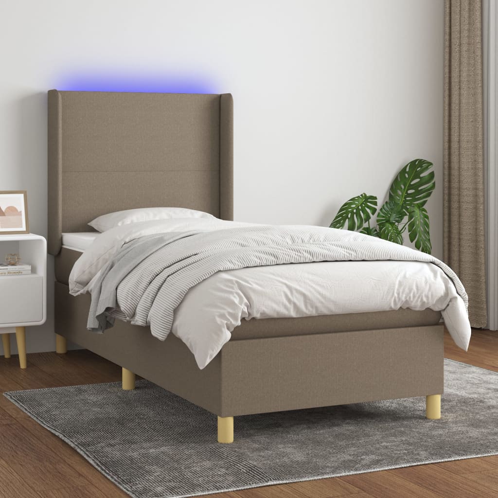 Letto a Molle con Materasso e LED Tortora 90x190 cm in Tessuto - homemem39