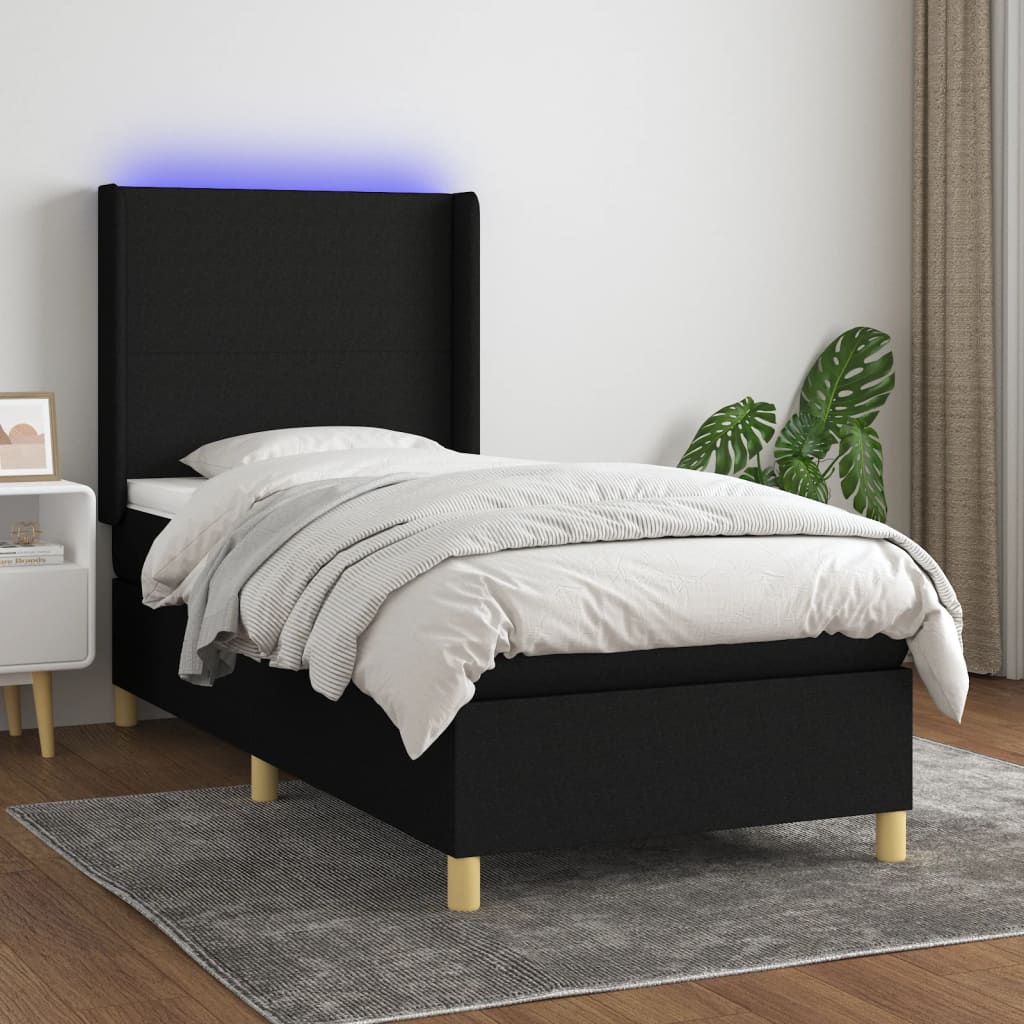 Letto a Molle con Materasso e LED Nero 100x200 cm in Tessuto - homemem39