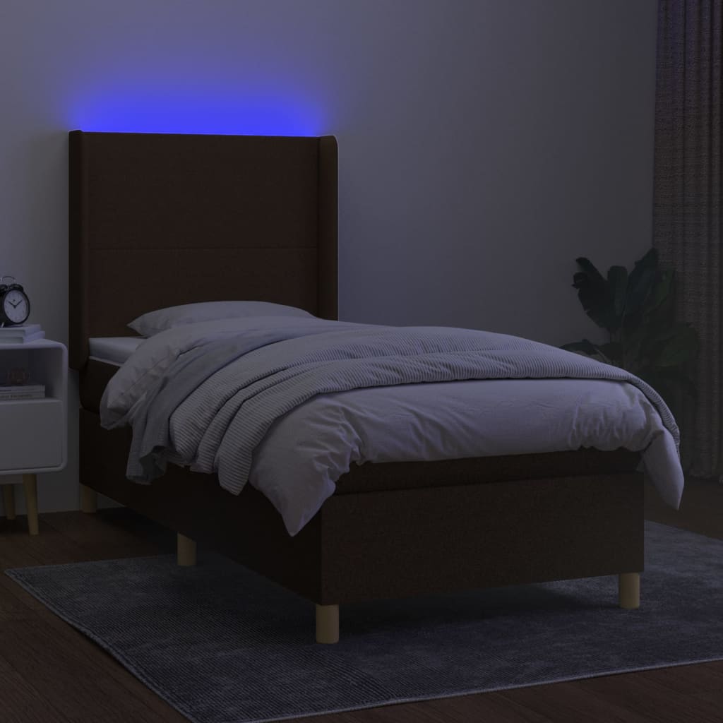 Letto a Molle Materasso e LED Marrone Scuro 100x200 cm Tessuto - homemem39