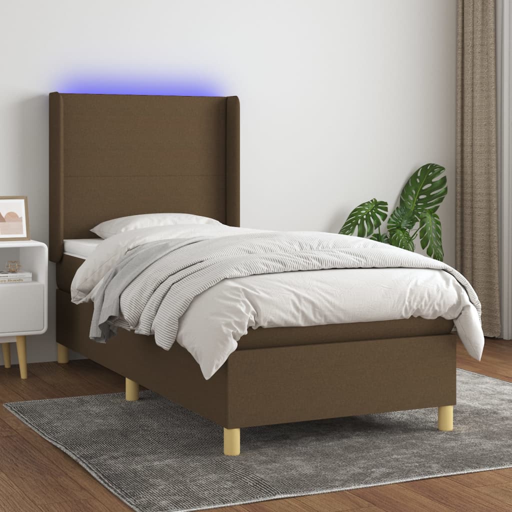 Letto a Molle Materasso e LED Marrone Scuro 100x200 cm Tessuto - homemem39