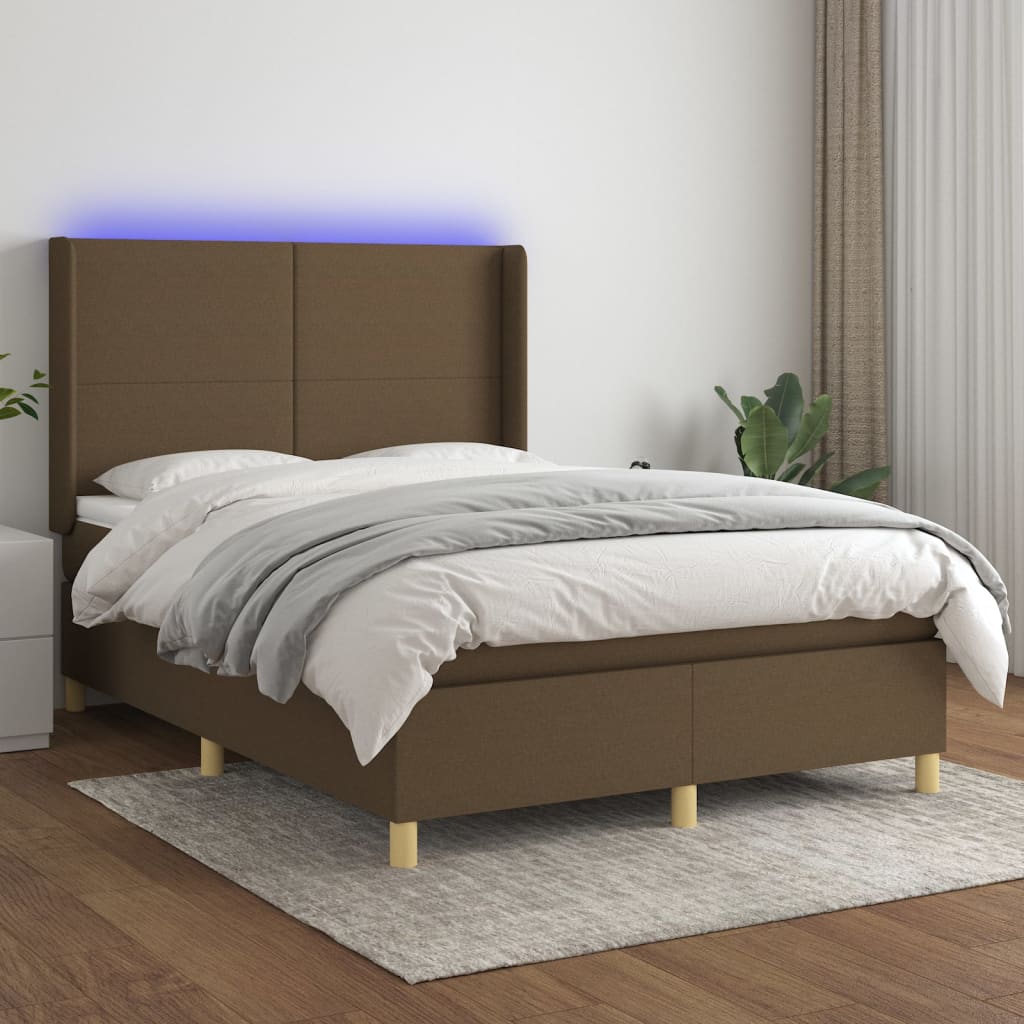 Letto a Molle Materasso e LED MarroneScuro 140x190cm in Tessuto | homemem39