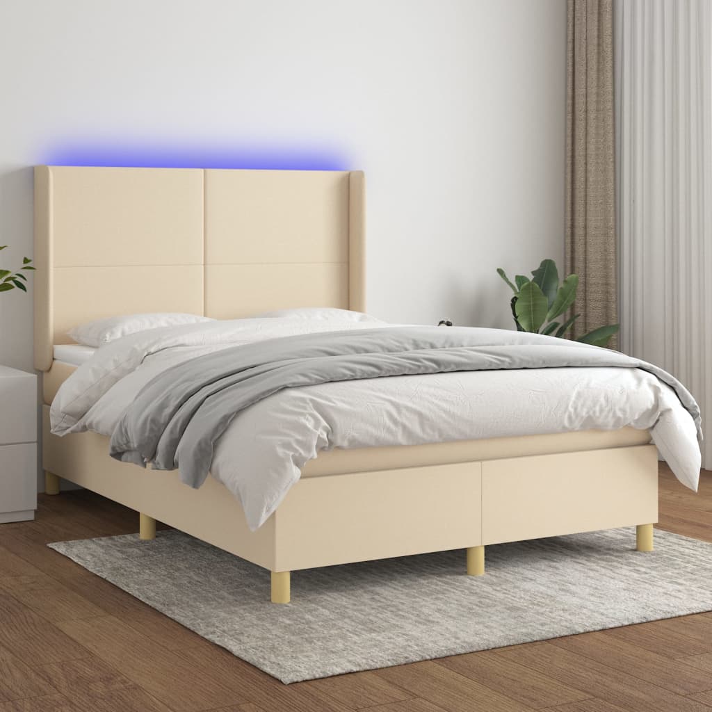 Letto a Molle con Materasso e LED Crema 140x190 cm in Tessuto | homemem39