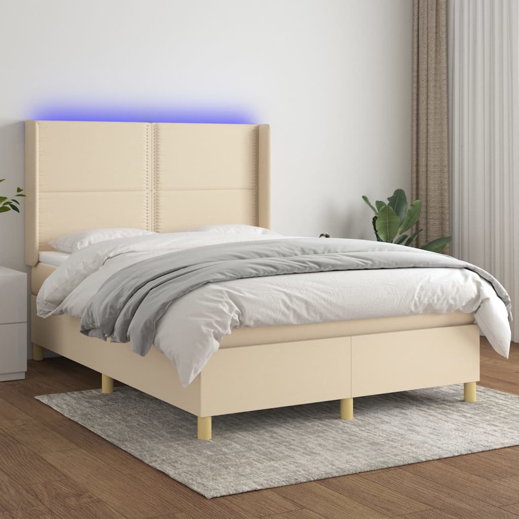 Letto a Molle con Materasso e LED Crema 140x190 cm in Tessuto
