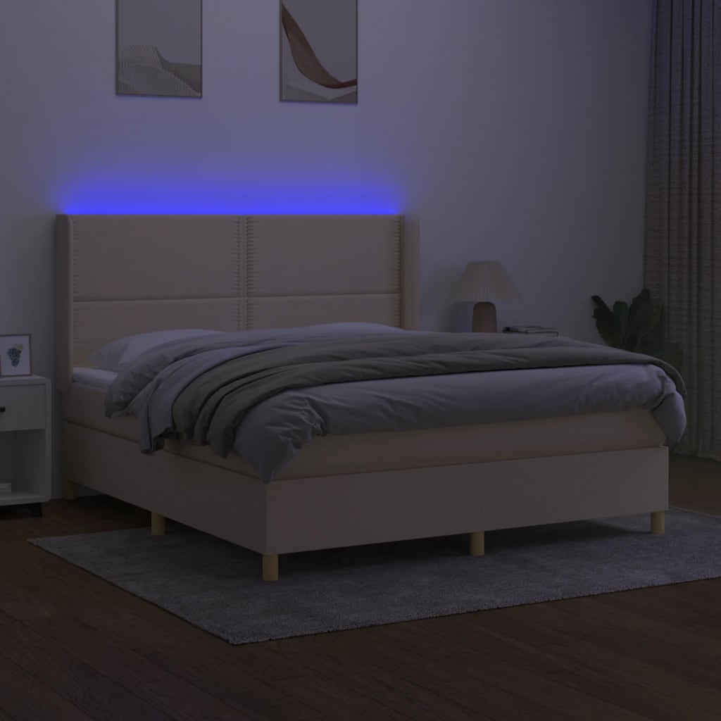 Letto a Molle con Materasso e LED Crema 160x200 cm in Tessuto