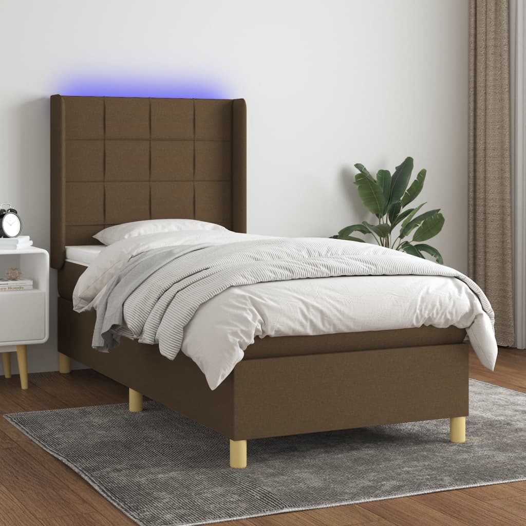 Letto a Molle Materasso e LED Marrone Scuro 90x200cm in Tessuto