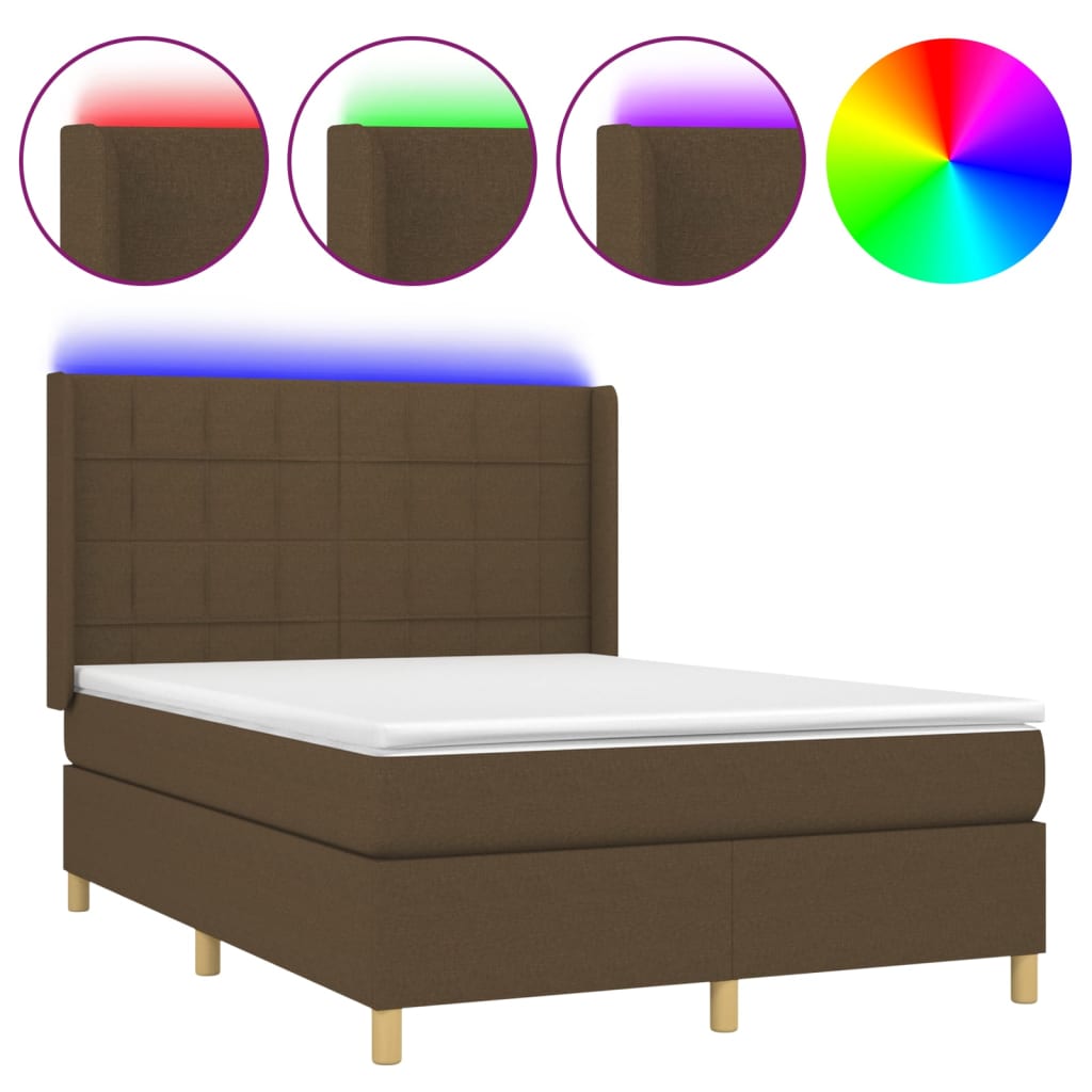 Letto a Molle Materasso e LED MarroneScuro 140x190cm in Tessuto | homemem39