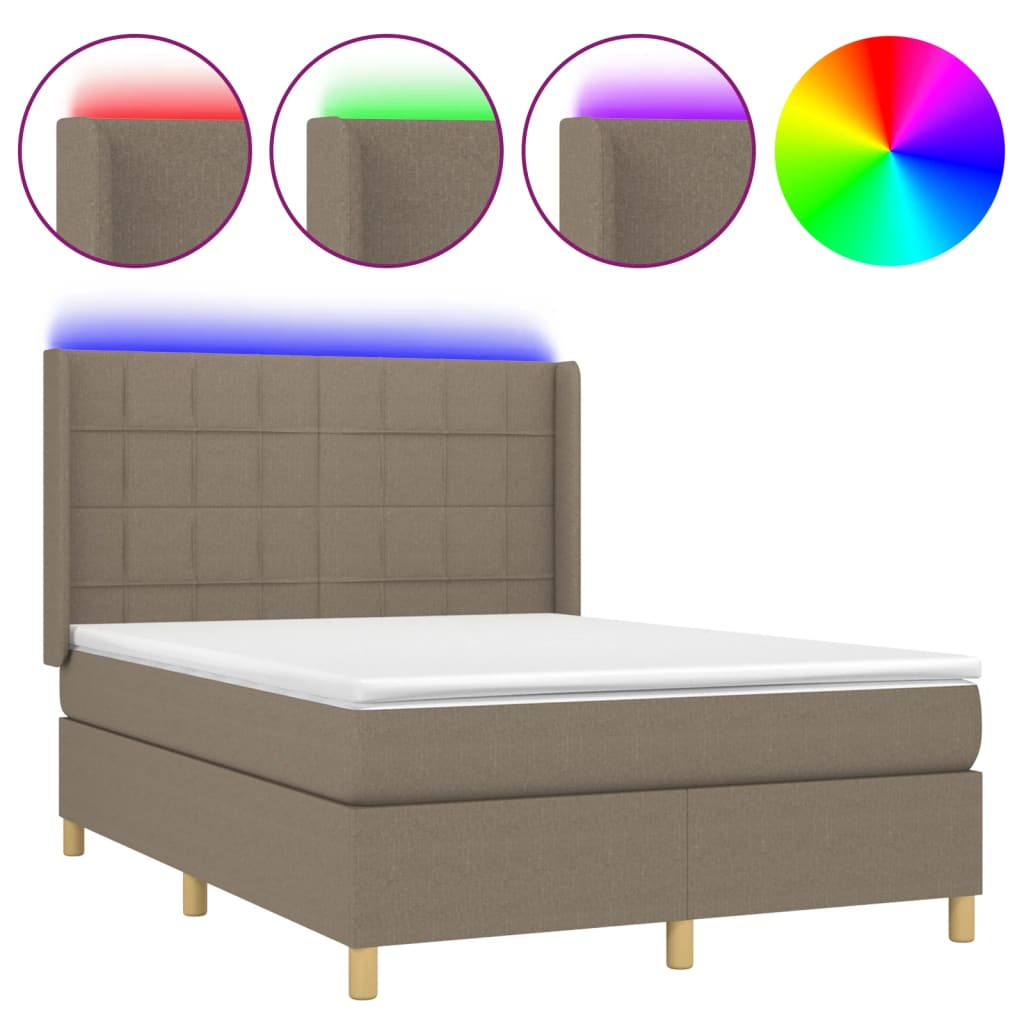 Letto a Molle con Materasso e LED Tortora 140x200 cm in Tessuto | homemem39