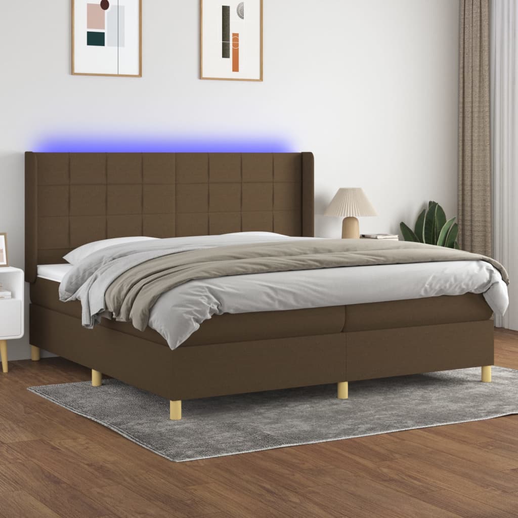 Letto a Molle Materasso e LED Marronescuro 200x200cm in Tessuto | homemem39