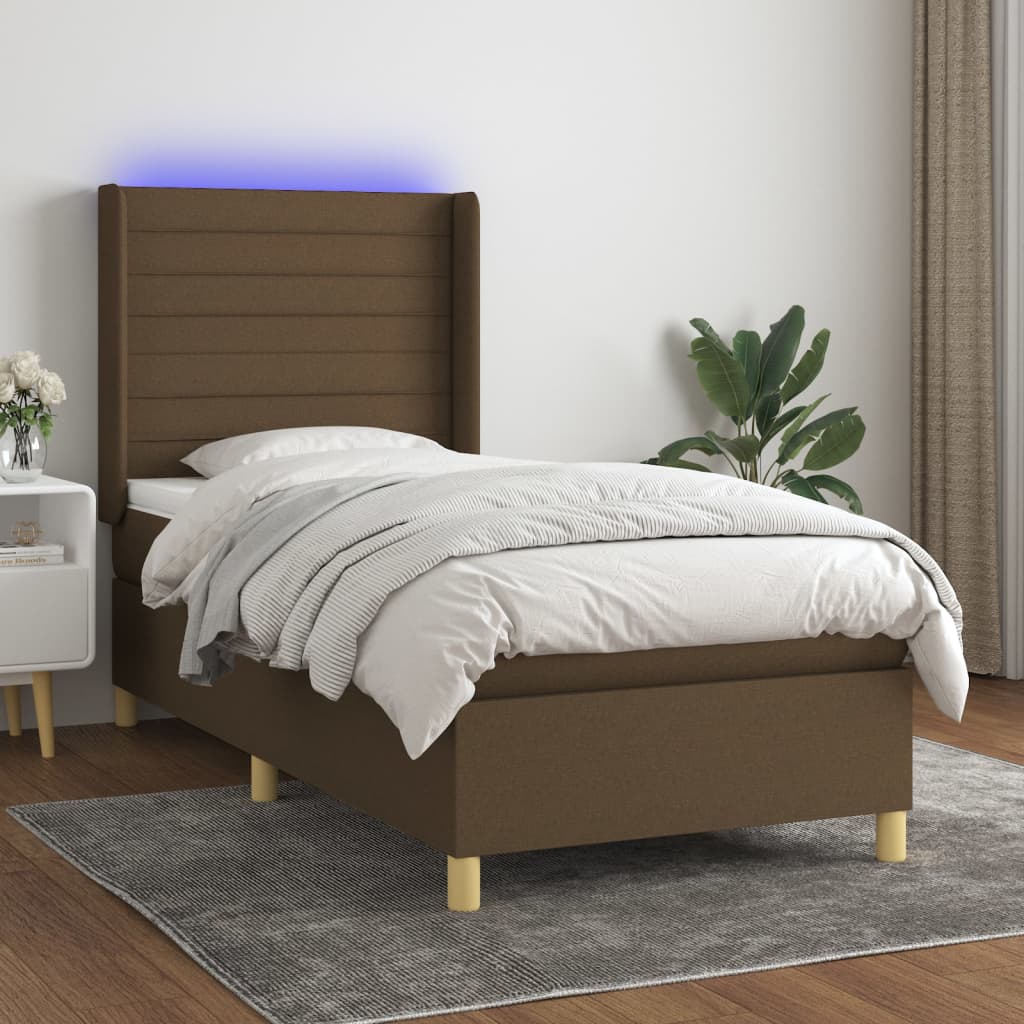 Letto a Molle Materasso e LED Marrone Scuro 90x200cm in Tessuto