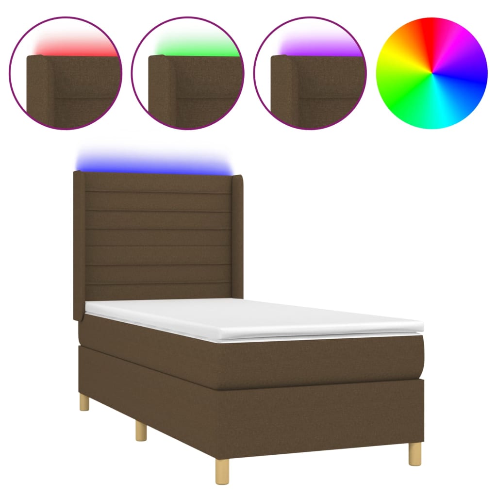 Letto a Molle Materasso e LED Marrone Scuro 100x200 cm Tessuto | homemem39