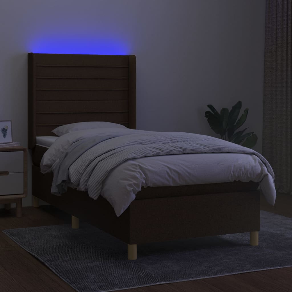 Letto a Molle Materasso e LED Marrone Scuro 100x200 cm Tessuto | homemem39