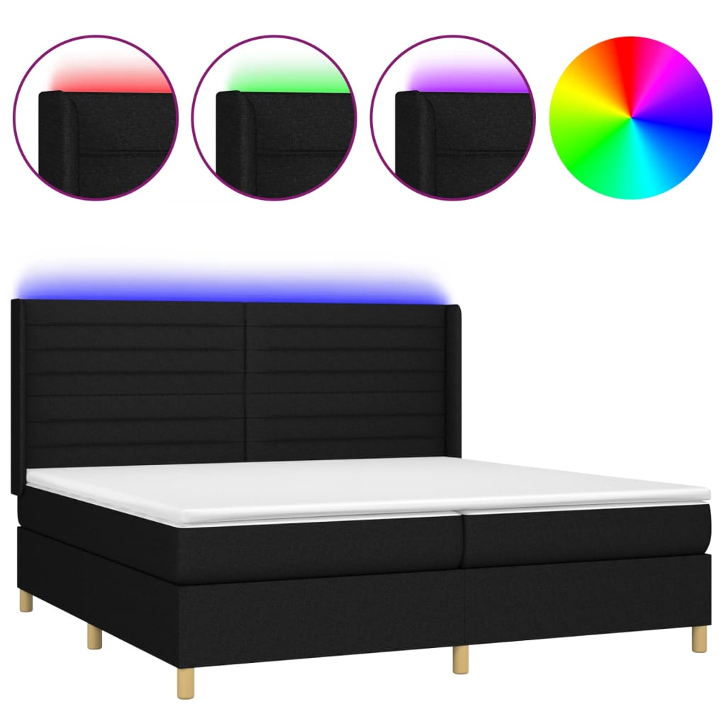 Letto a Molle Materasso e LED Nero 200x200cm in Tessuto