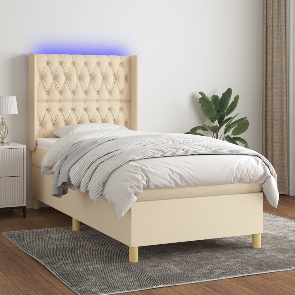 Letto a Molle con Materasso e LED Crema 100x200cm in Tessuto - homemem39