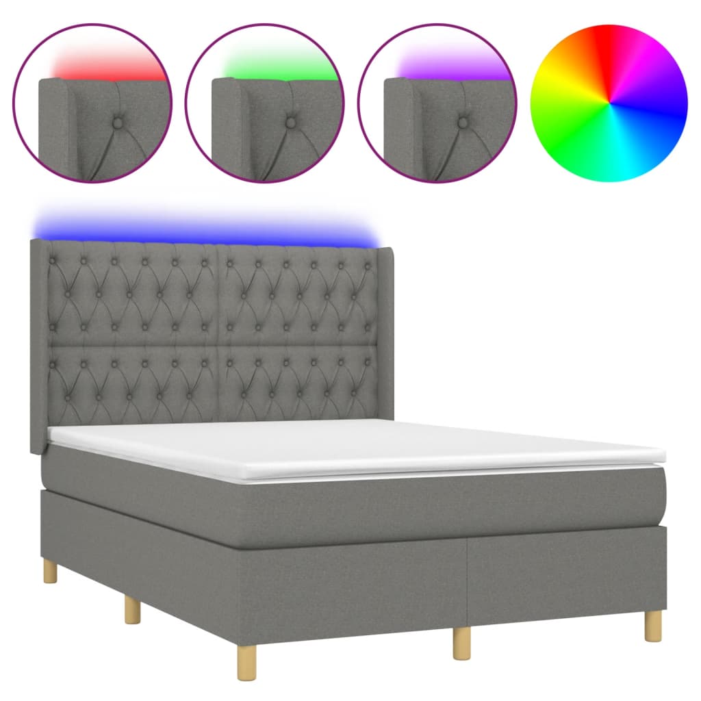 Letto a Molle Materasso e LED Grigio Scuro 140x200cm in Tessuto - homemem39