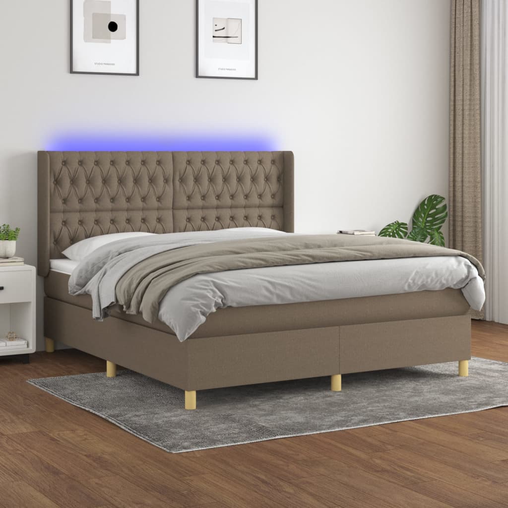 Letto a Molle con Materasso e LED Tortora 160x200 cm in Tessuto | homemem39