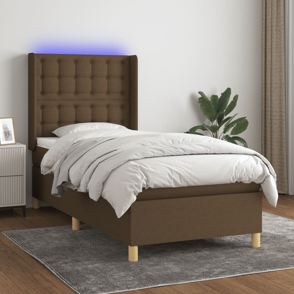 Letto a Molle Materasso e LED Marrone Scuro 90x190cm in Tessuto - homemem39