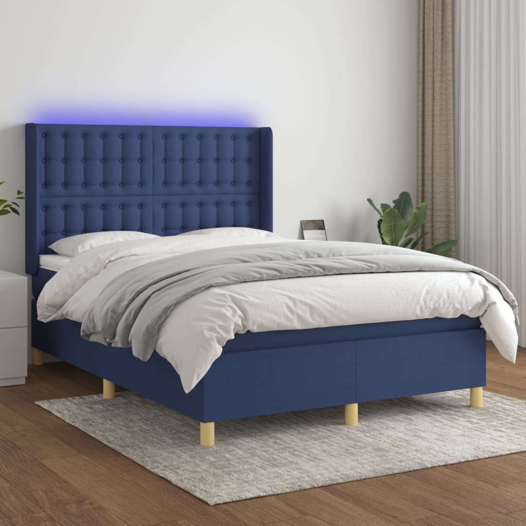 Letto a Molle con Materasso e LED Blu 140x190 cm in Tessuto | homemem39