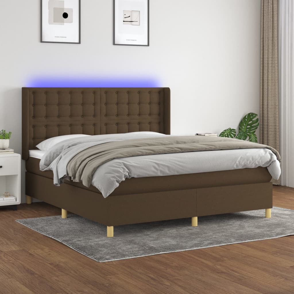 Letto a Molle Materasso e LED Marrone Scuro 160x200 cm Tessuto | homemem39
