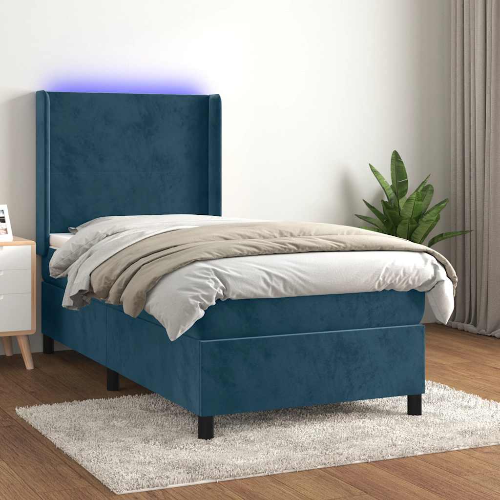 Letto a Molle con Materasso e LED Blu Scuro 80x200cm in Velluto | homemem39