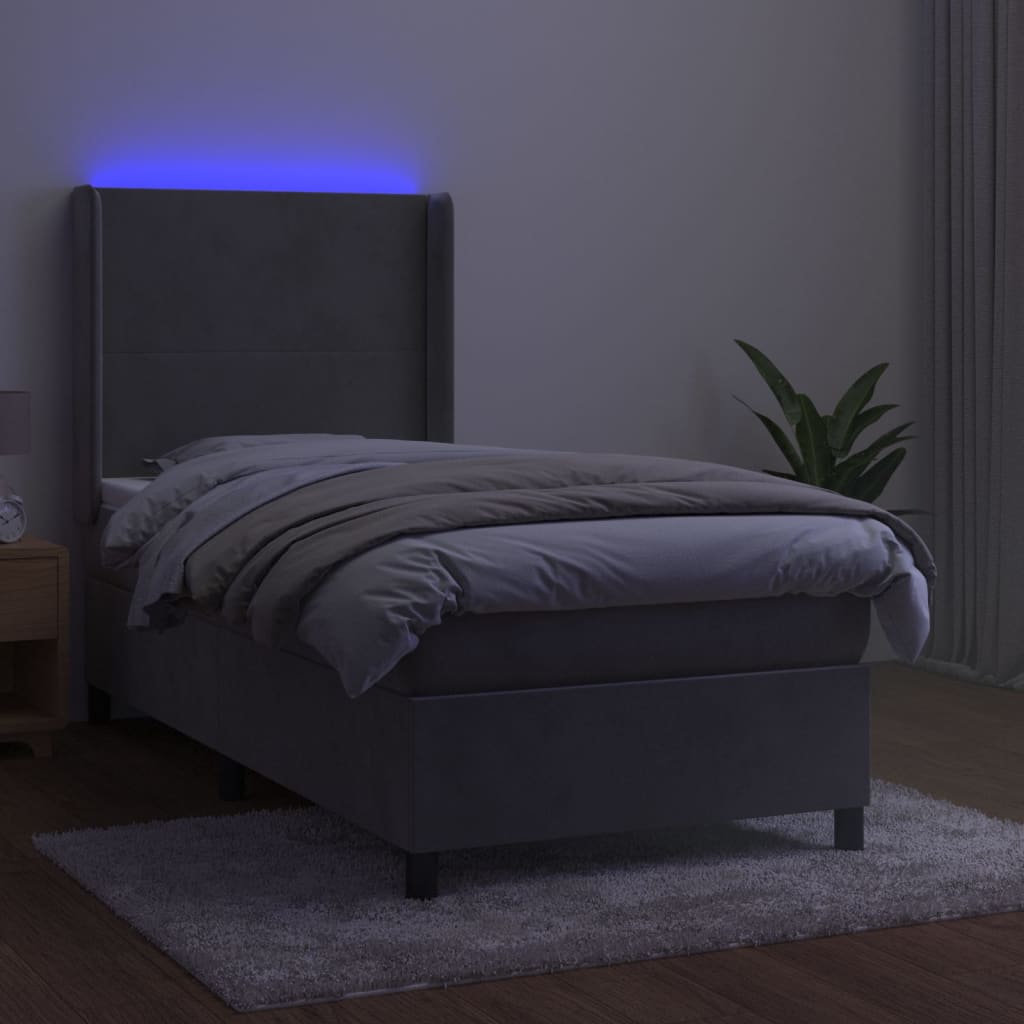 Letto a Molle Materasso e LED Grigio Chiaro 90x190 cm Velluto - homemem39