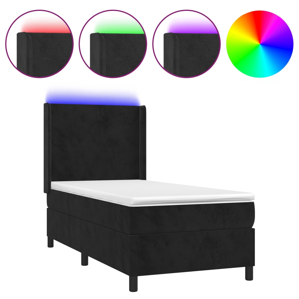 Letto a Molle con Materasso e LED Nero 90x200 cm in Velluto