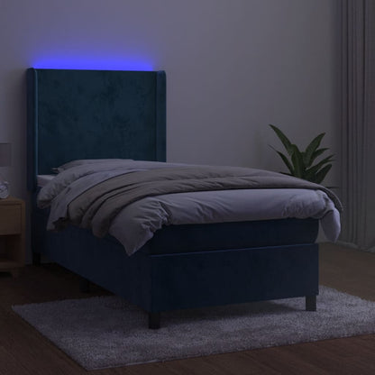 Spring Bed with Mattress and Dark Blue LED 90x200cm in Velvet