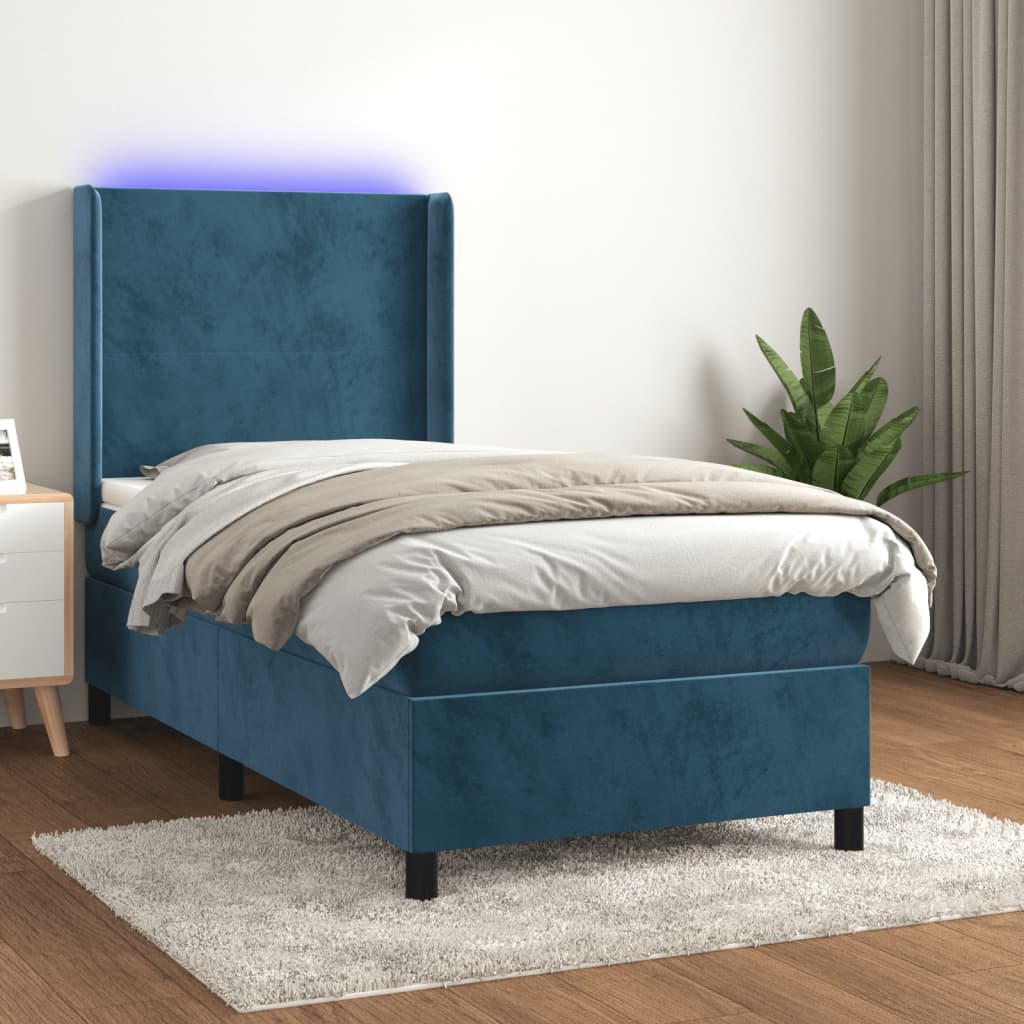 Spring Bed with Mattress and Dark Blue LED 90x200cm in Velvet
