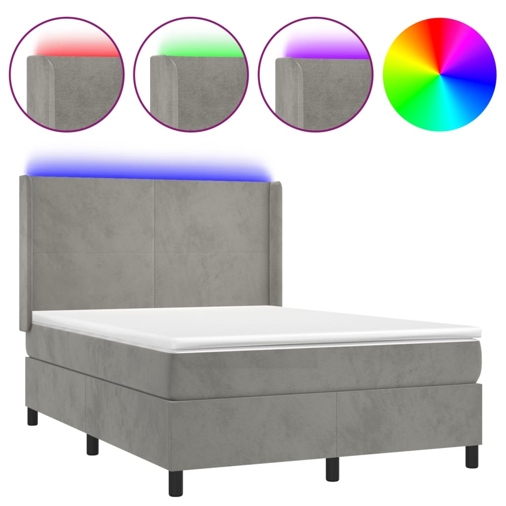 Letto a Molle Materasso e LED Grigio Chiaro 140x200 cm Velluto - homemem39