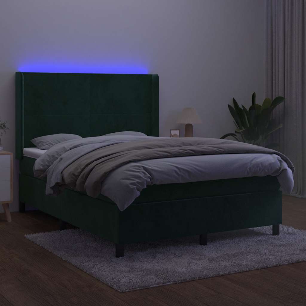 Letto a Molle con Materasso e LED Verde Scuro 140x200cm Velluto | homemem39