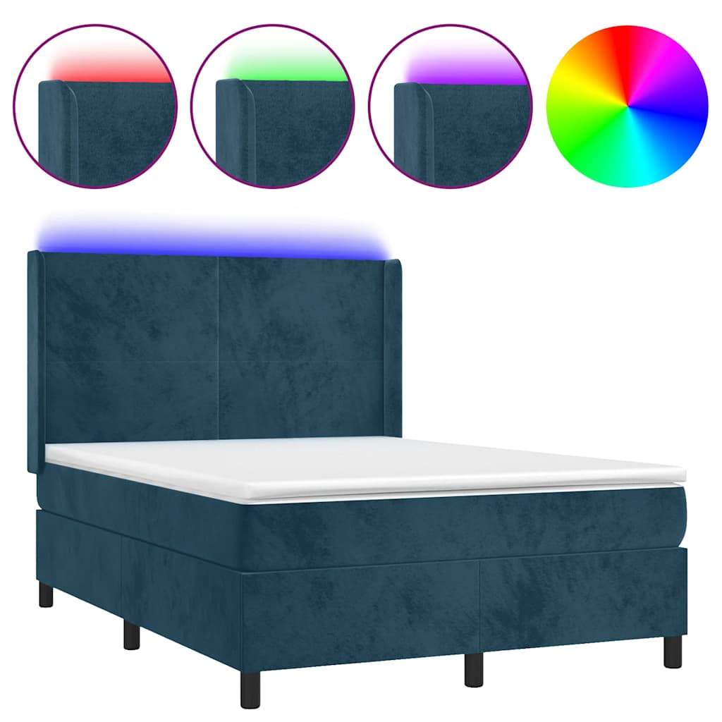 Letto a Molle con Materasso e LED Blu Scuro 140x200 cm