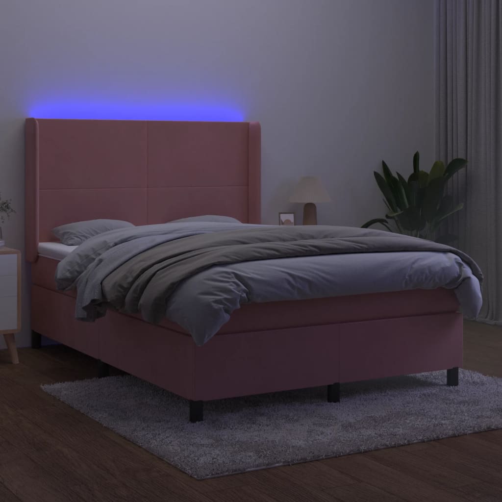 Letto a Molle con Materasso e LED Rosa 140x200 cm in Velluto