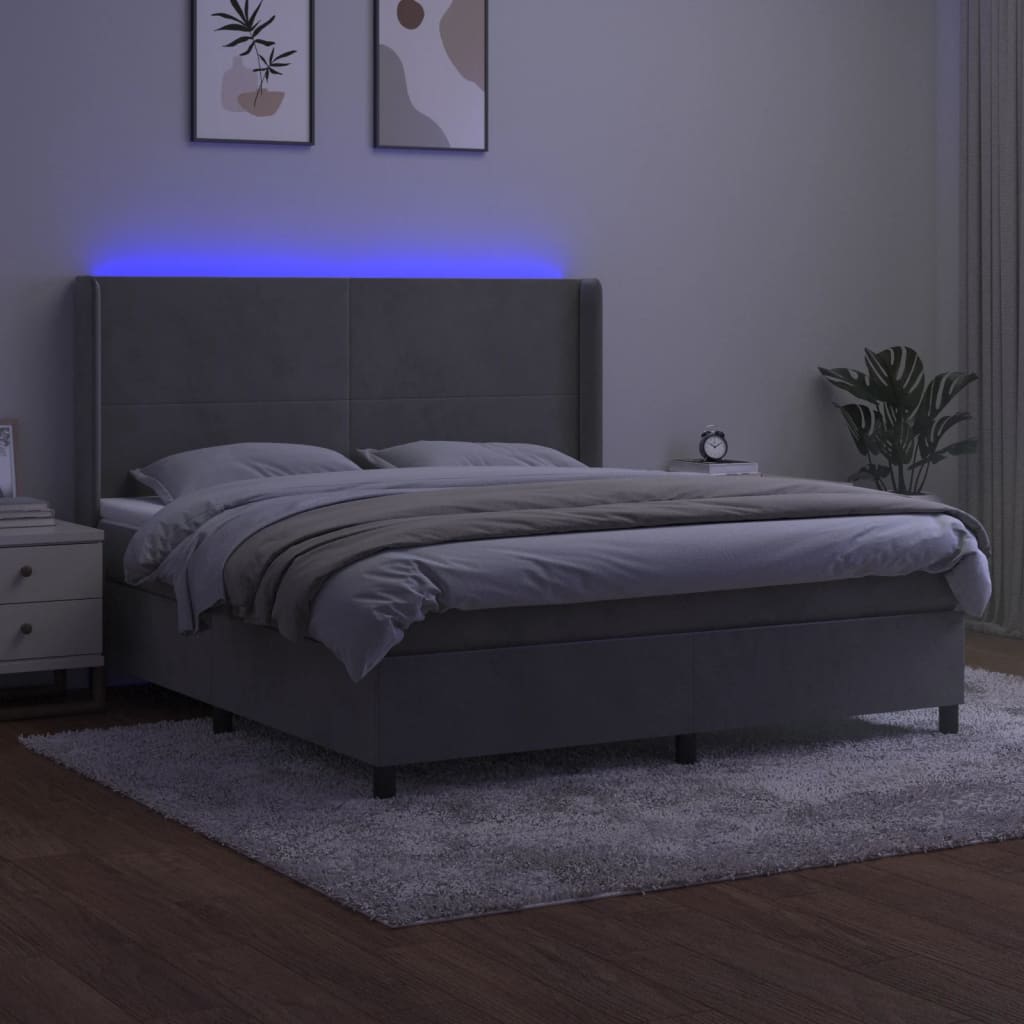 Letto a Molle Materasso e LED Grigio Chiaro 160x200 cm Velluto - homemem39