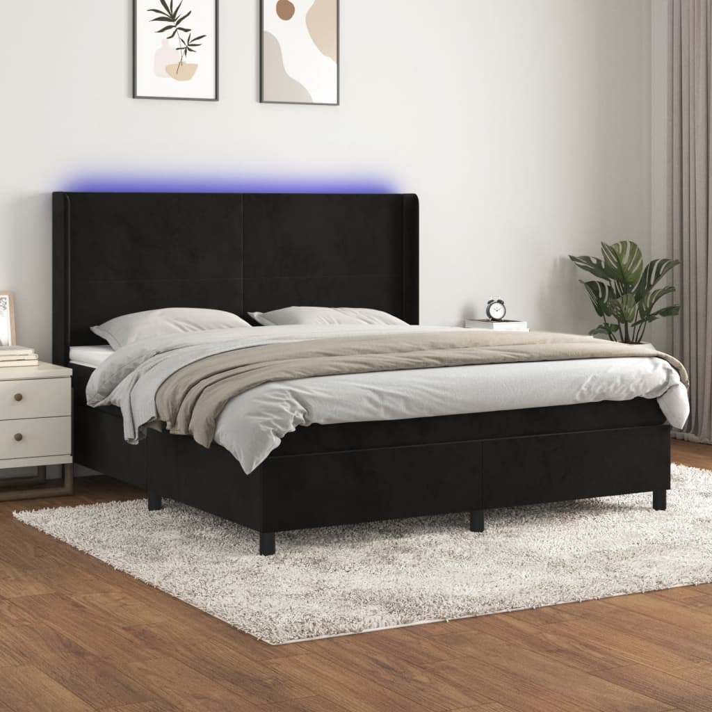 Letto a Molle con Materasso e LED Nero 160x200 cm in Velluto | homemem39