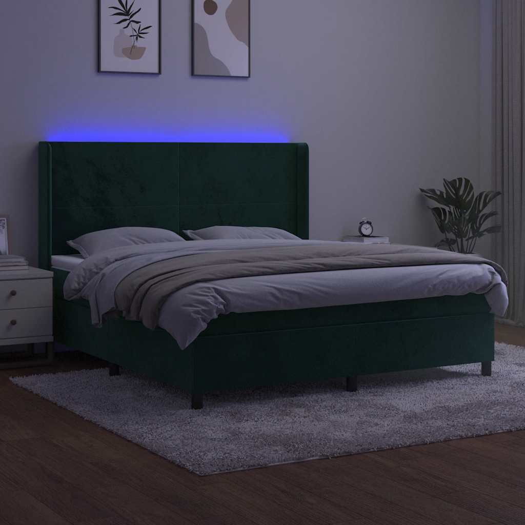 Letto a Molle con Materasso e LED Verde Scuro 160x200cm Velluto | homemem39