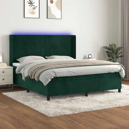 Letto a Molle con Materasso e LED Verde Scuro 160x200cm Velluto