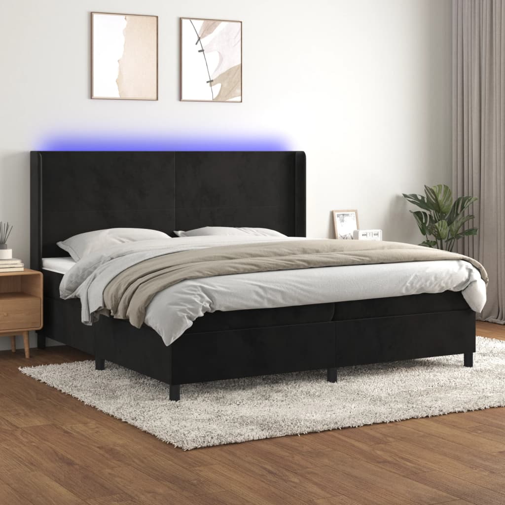 Letto a Molle con Materasso e LED Nero 200x200 cm in Velluto | homemem39