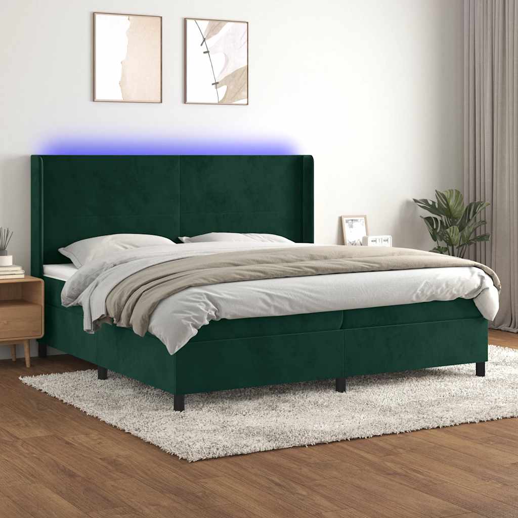 Letto a Molle con Materasso e LED Verde Scuro 200x200cm Velluto | homemem39