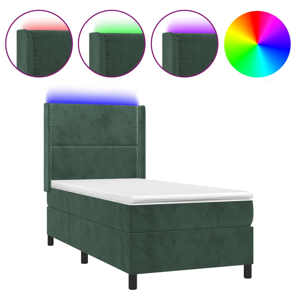 Letto a Molle con Materasso e LED Verde Scuro 80x200cm Velluto - homemem39