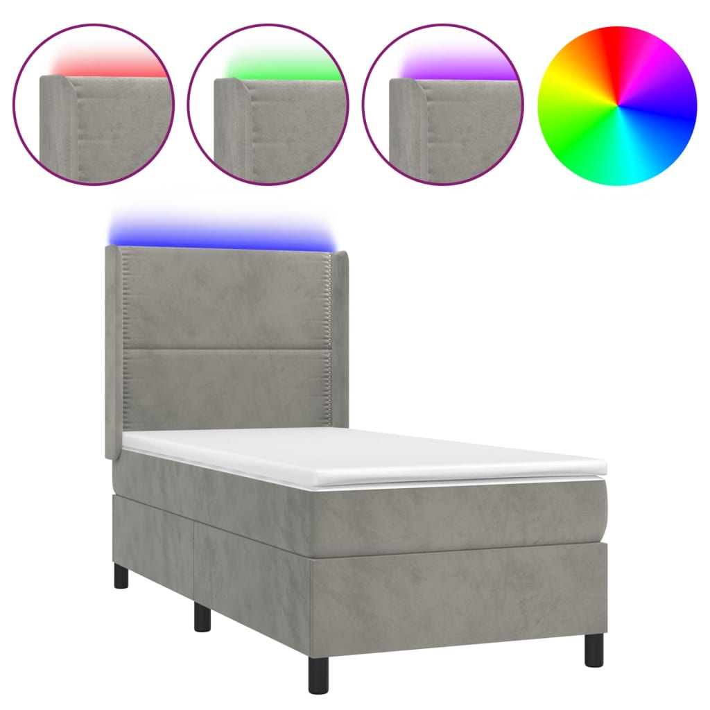 Letto a Molle Materasso e LED Grigio Chiaro 90x190 cm Velluto - homemem39